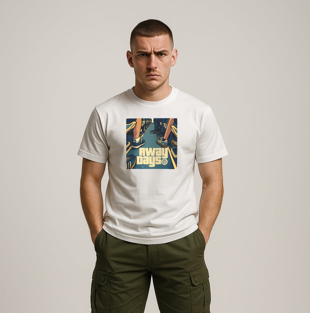 Ultras Man wearing a white t-shirt with a "AWAY DAYS" graphic design and green cargo shorts on a plain background