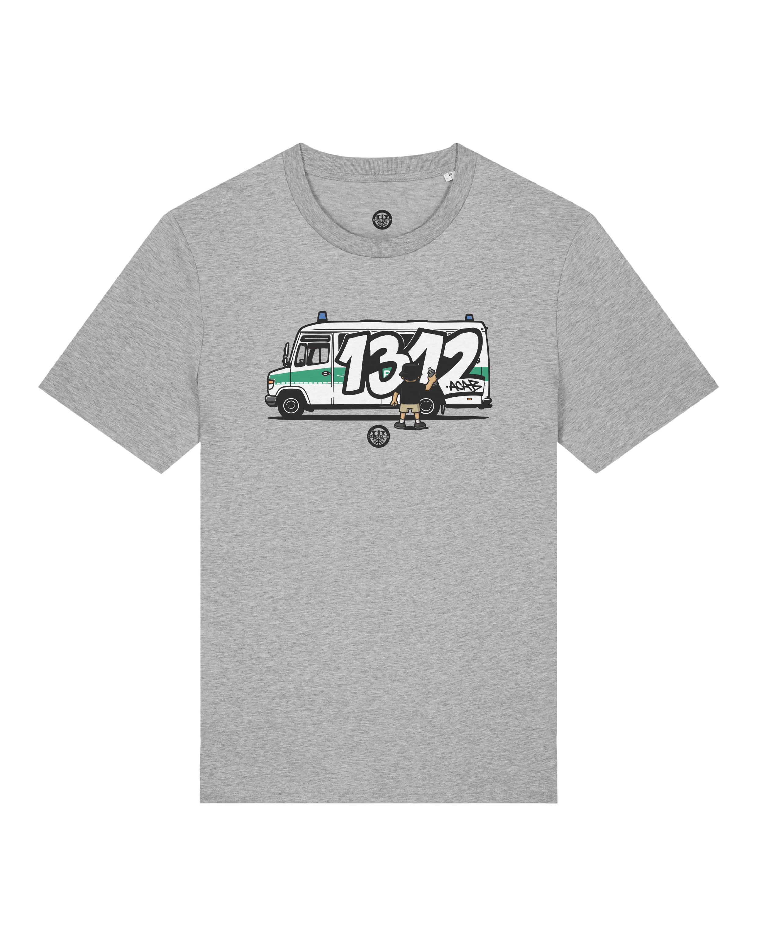 Gray ultras t-shirt with a graphic of a van and the number 1312 on a white background