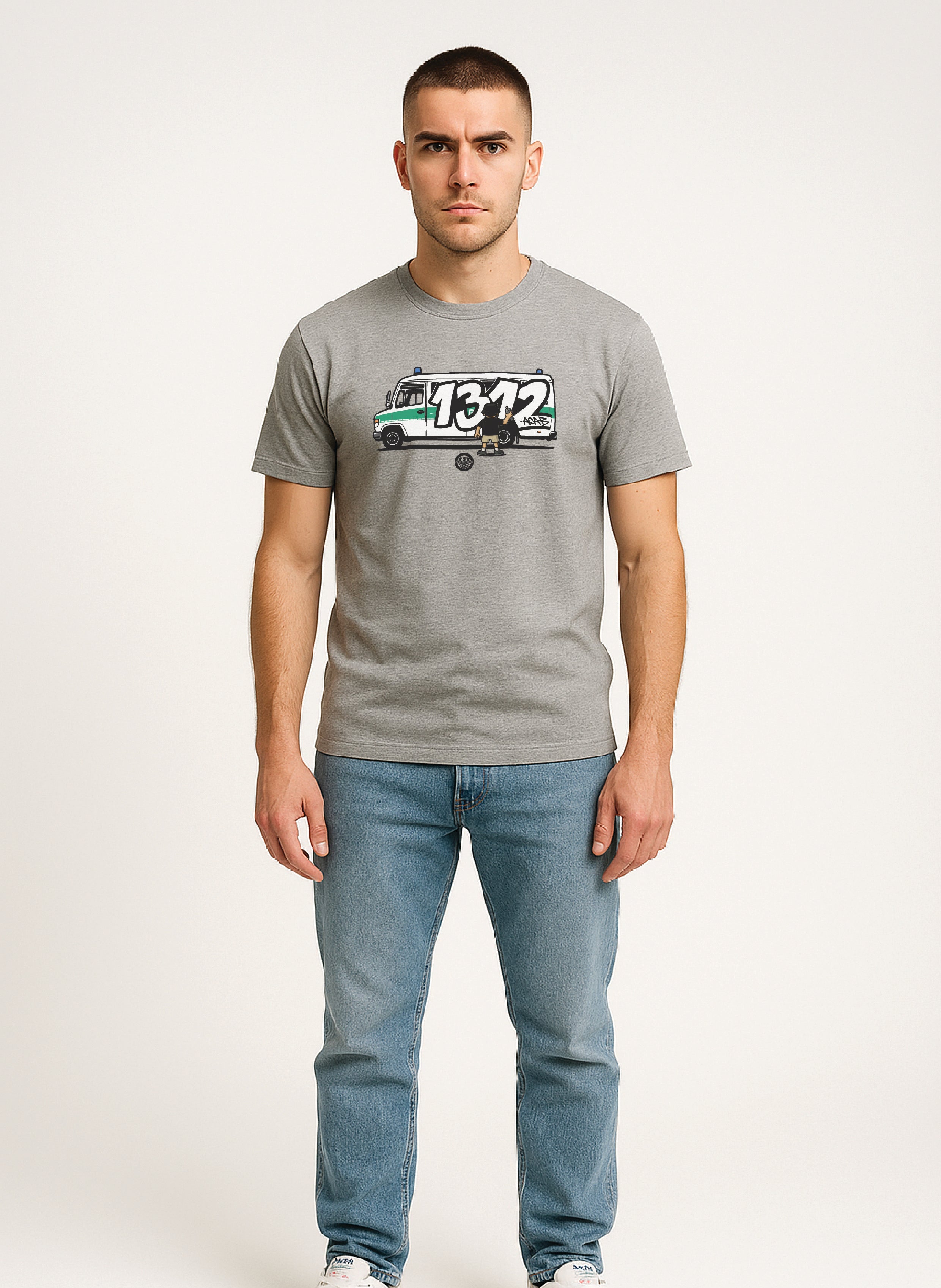 Man wearing a 'ultras 1312' grey t-shirt with a graphic design on a white background