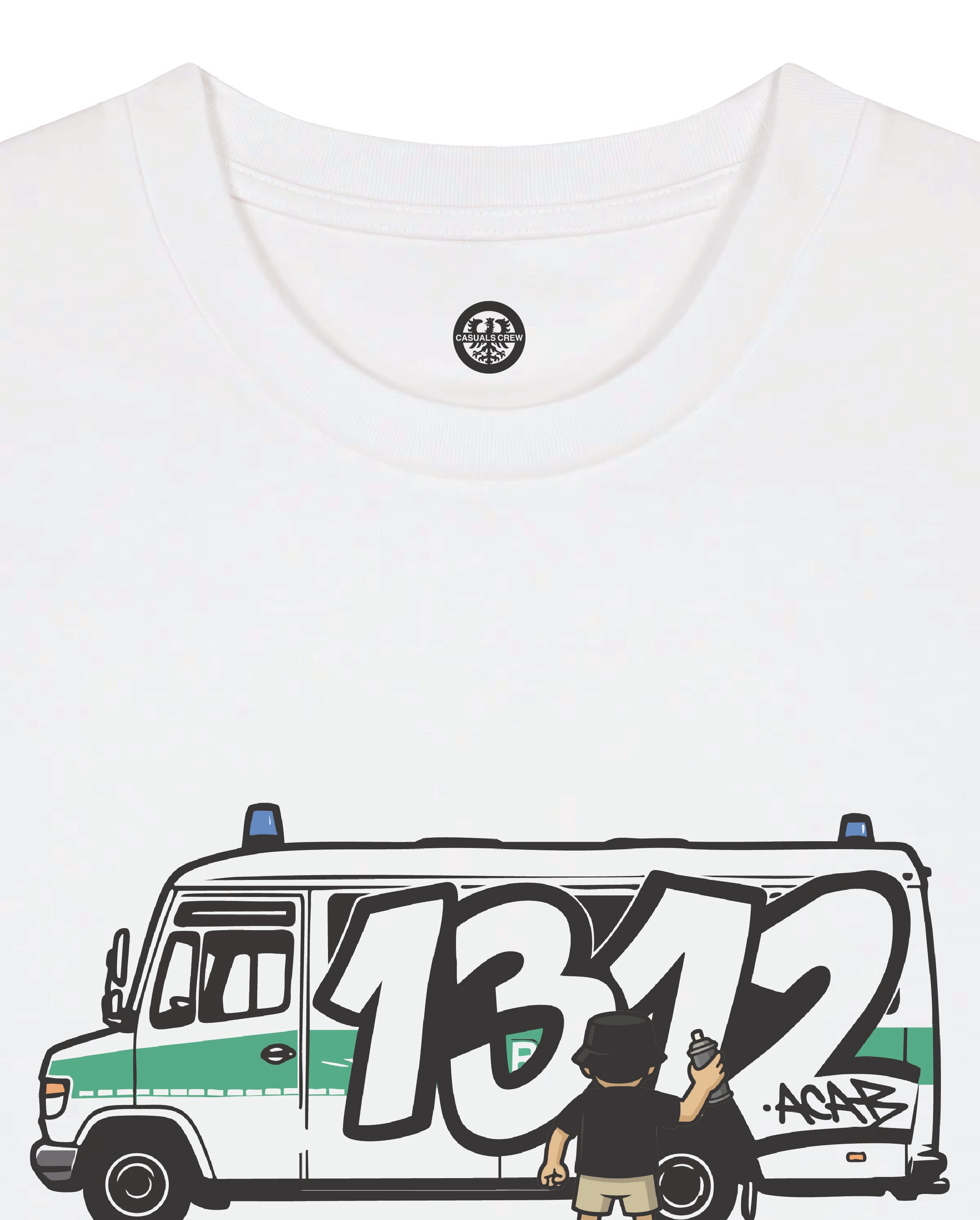 White t-shirt with a graphic of a van and the number '1312' on a white background.