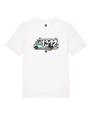 White t-shirt with a 1312 graphic design on a truck and text on a white background