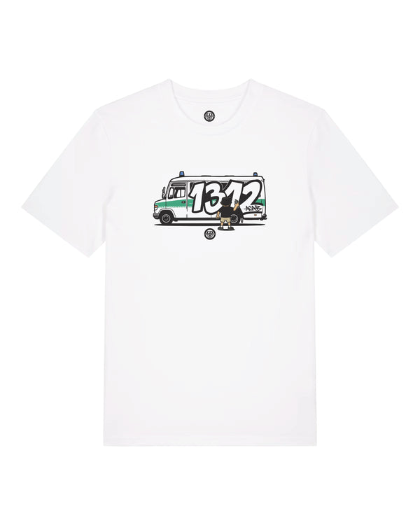 White t-shirt with a 1312 graphic design on a truck and text on a white background