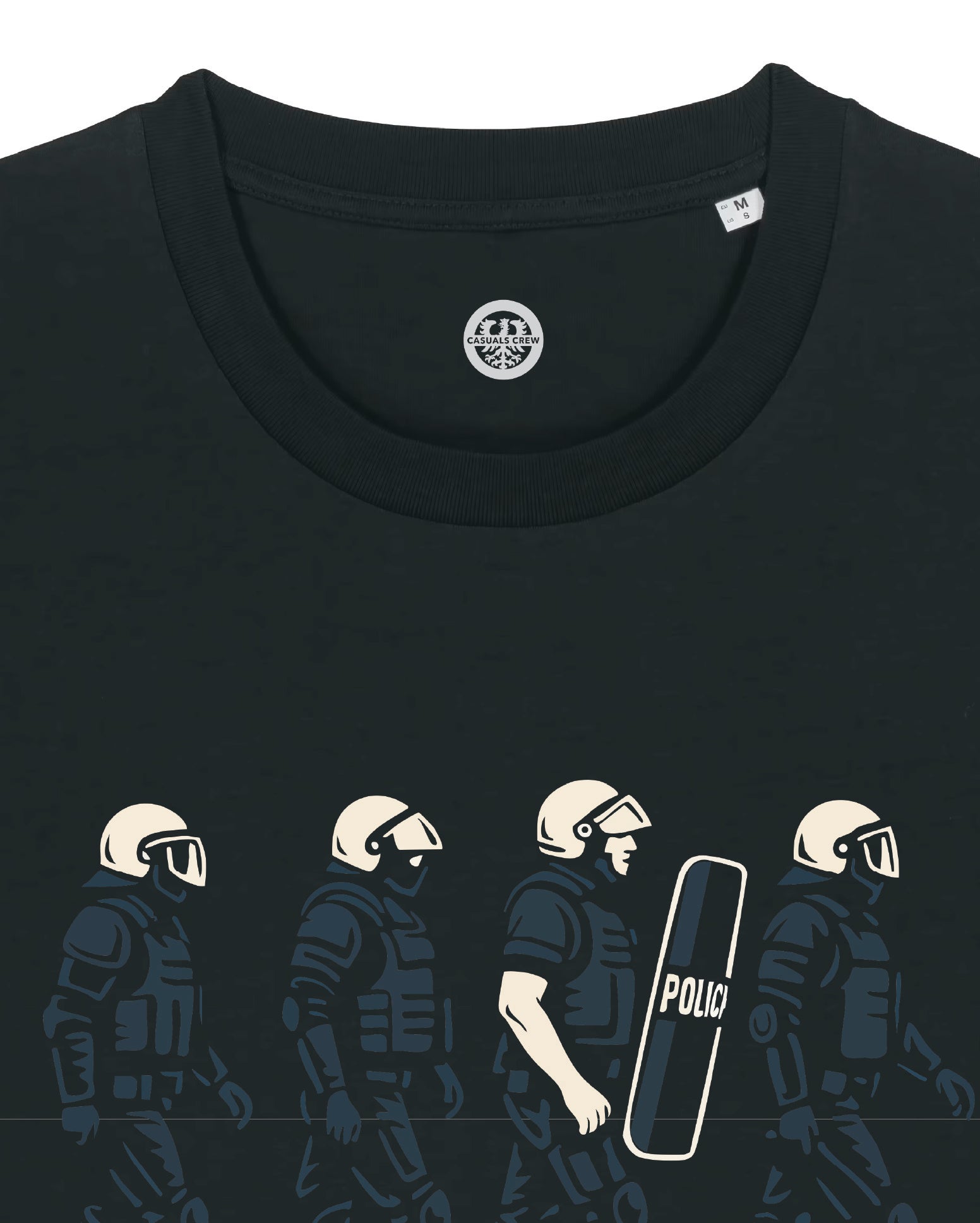 Black t-shirt with a ULTRAS graphic of ACAB police officers and a shield on a white background