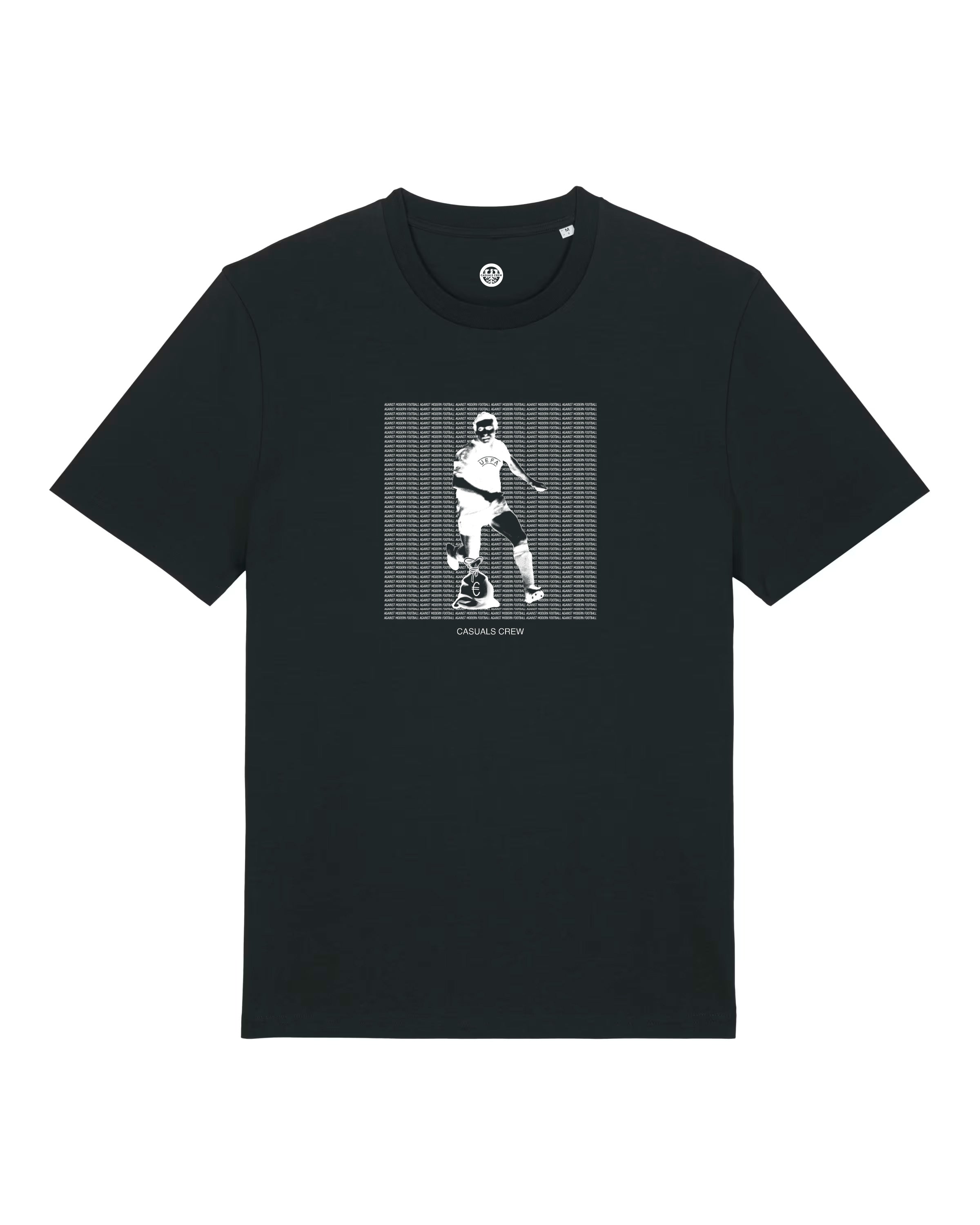 Black t-shirt with a "AGAINST MODERN FOOTBALL" ULTRAS graphic design on a white background