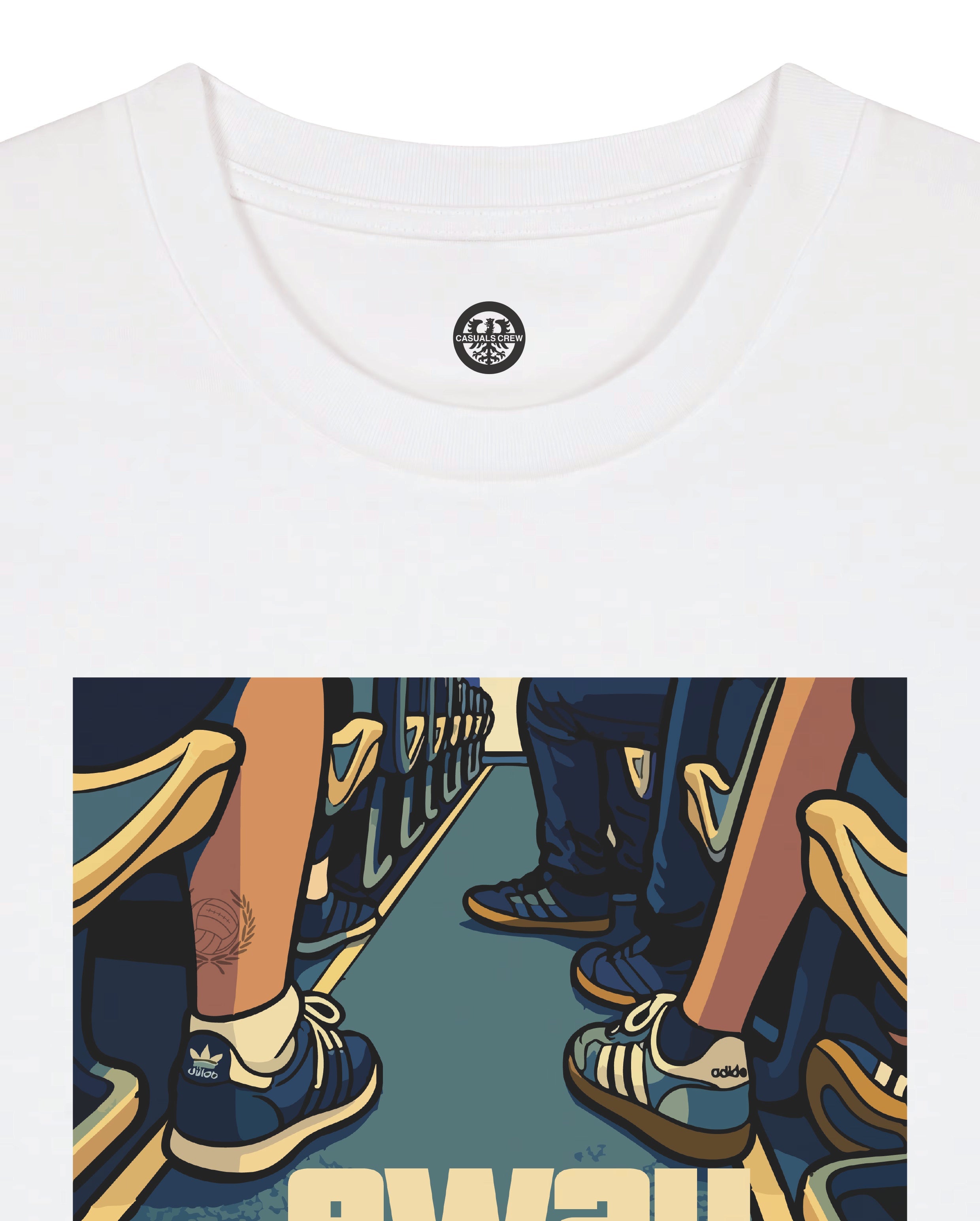 White t-shirt with 'Away Days' graphic design featuring blue and yellow shoes.