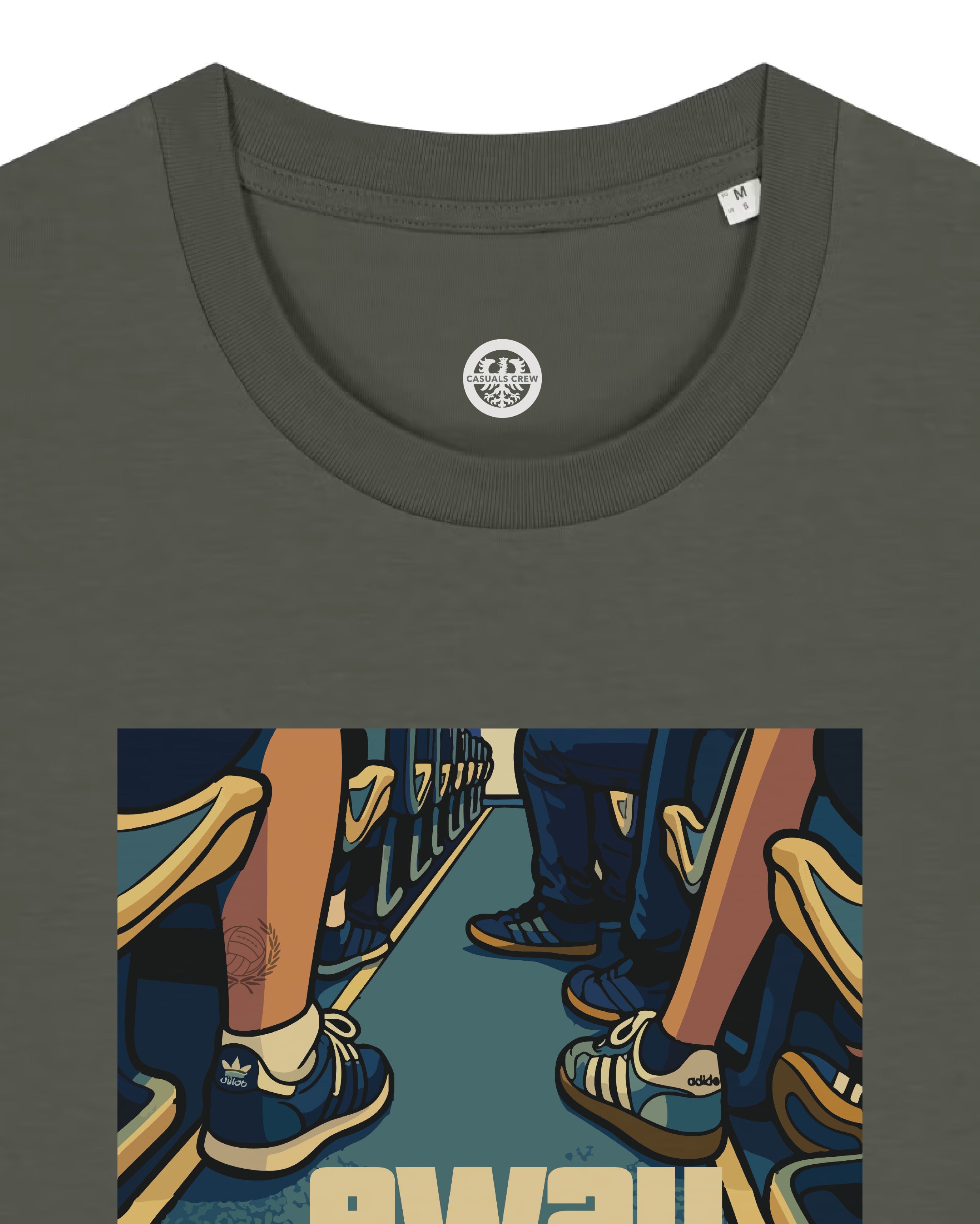 Green t-shirt with 'Away Days' graphic design featuring shoes and legs.