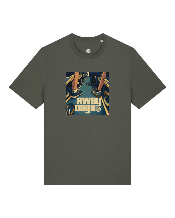 khaki ultras t-shirt with a colorful AWAY DAYS graphic on a white background