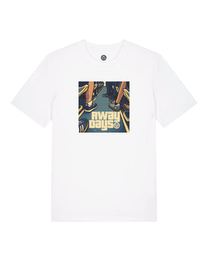 White t-shirt with a colorful graphic of feet and 'Away Days' text on a white background