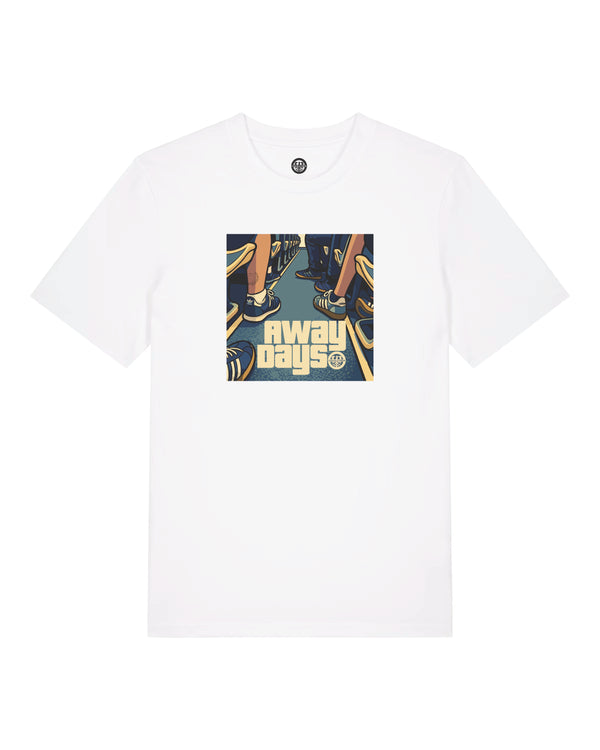 White t-shirt with a colorful graphic of feet and 'Away Days' text on a white background