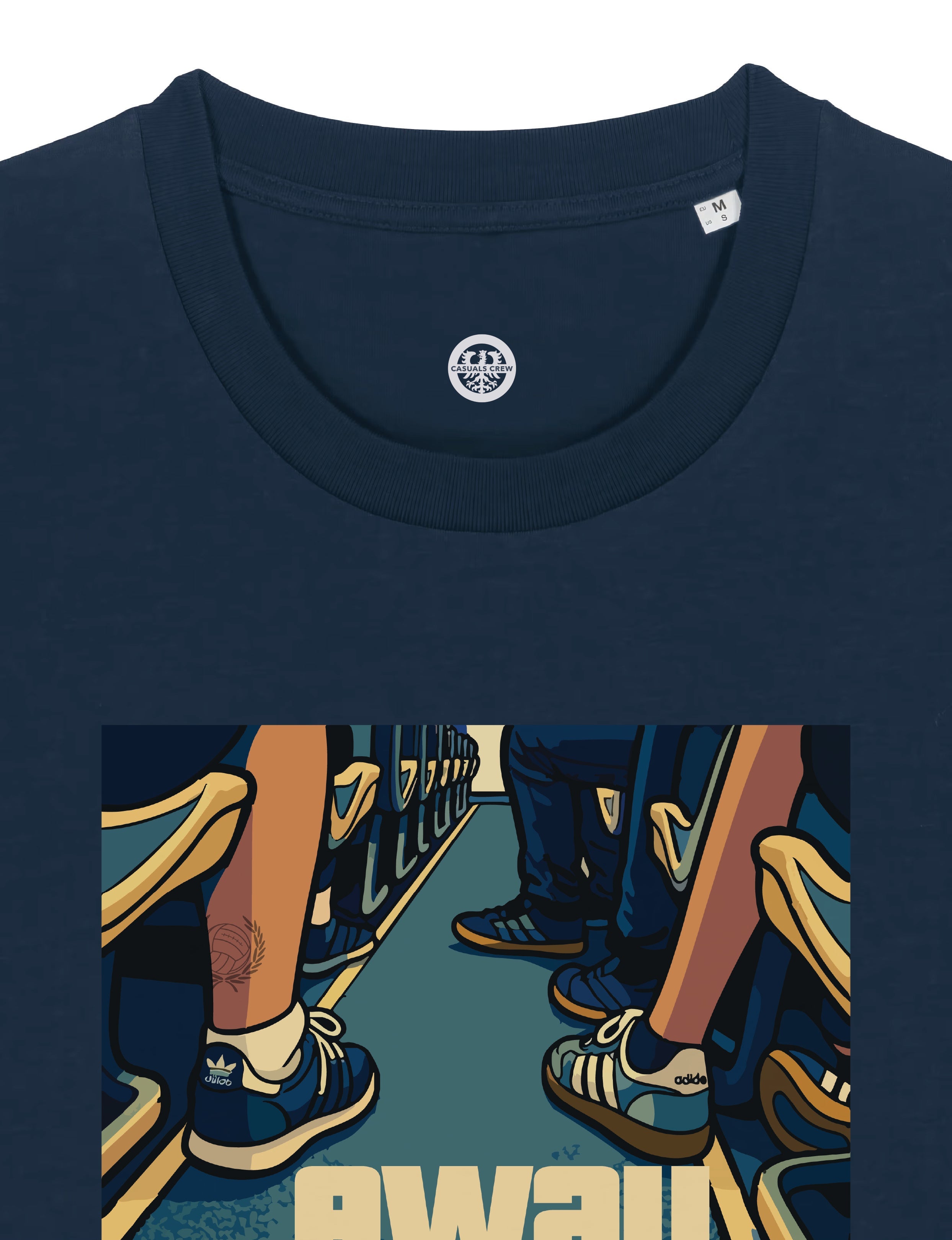 Navy blue t-shirt with 'Away Days' graphic design featuring legs in colorful shoes.