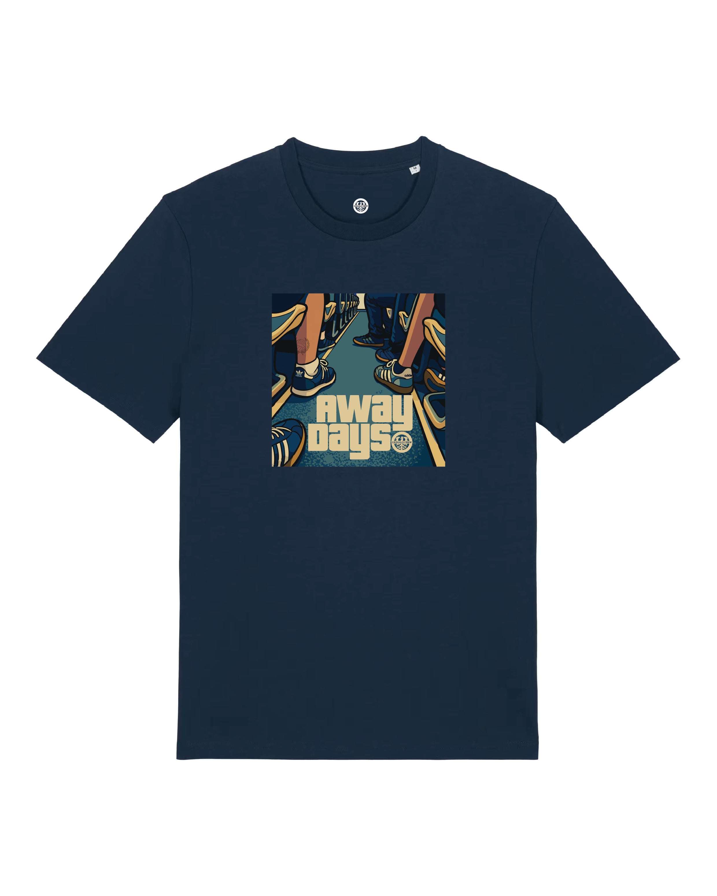 Navy blue ULTRAS t-shirt with colorful away days graphic design on a white background