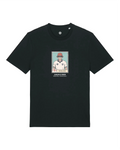 Black ultras world cup t-shirt with a graphic of a person wearing a cap on a white background