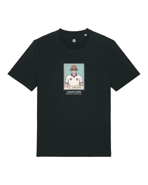Black ultras world cup t-shirt with a graphic of a person wearing a cap on a white background
