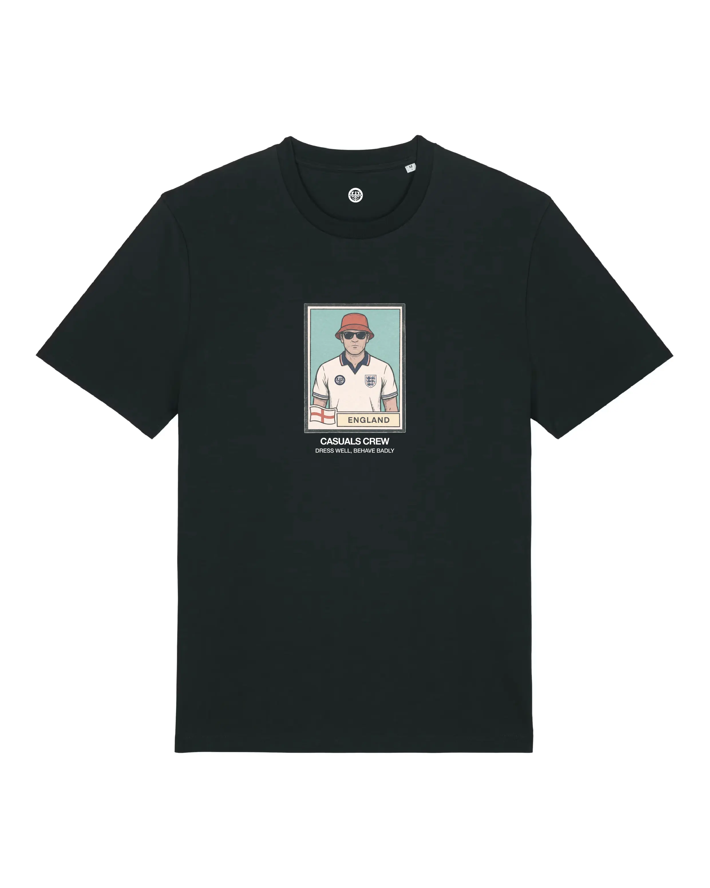 Black ultras world cup t-shirt with a graphic of a person wearing a cap on a white background