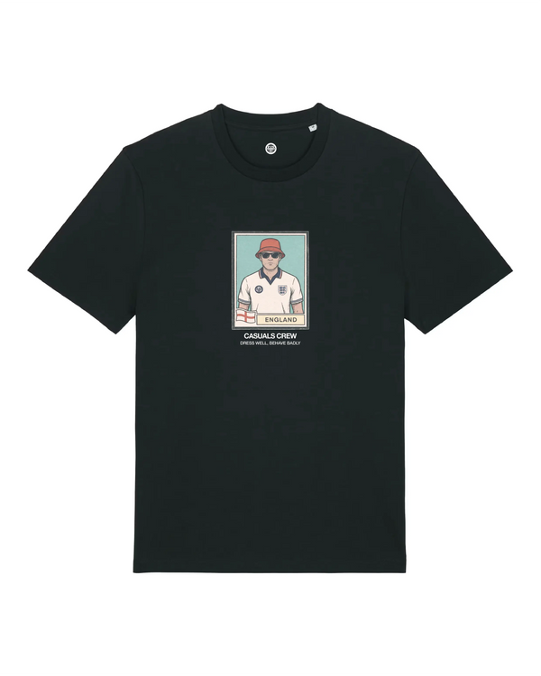 Black ultras world cup t-shirt with a graphic of a person wearing a cap on a white background