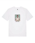 White t-shirt with a graphic of a person wearing a red cap on a white background