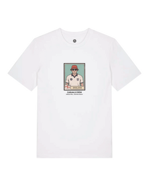 White t-shirt with a graphic of a person wearing a red cap on a white background