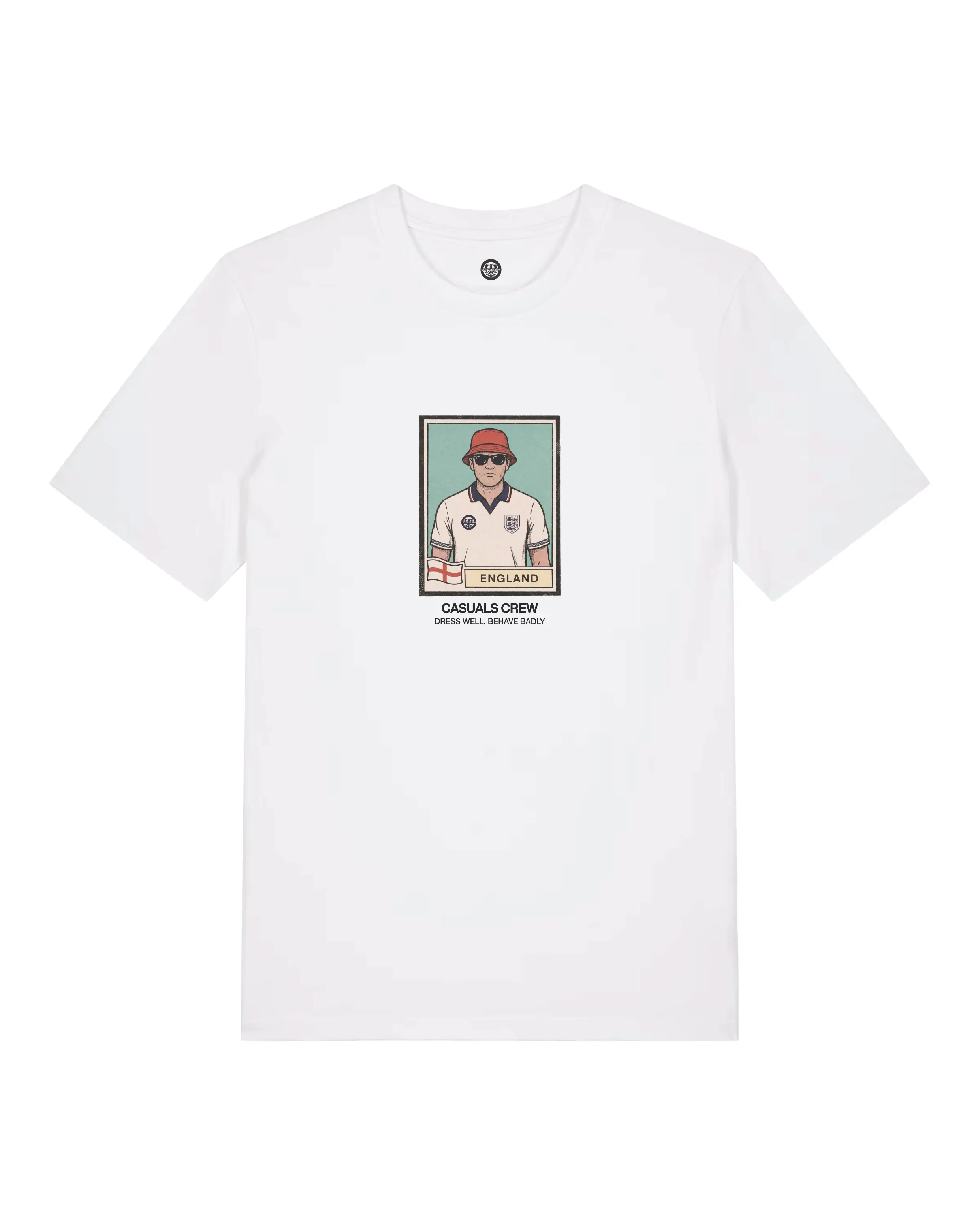 White t-shirt with a graphic of a person wearing a red cap on a white background
