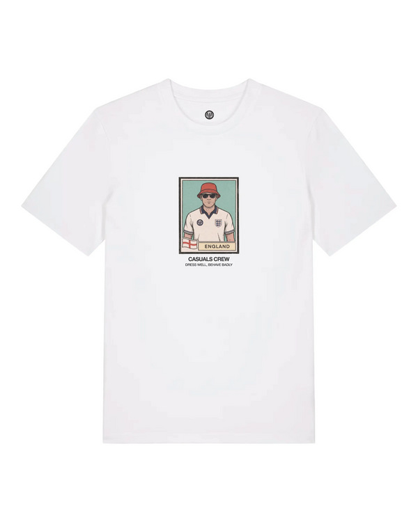 White t-shirt with a graphic of a person wearing a red cap on a white background