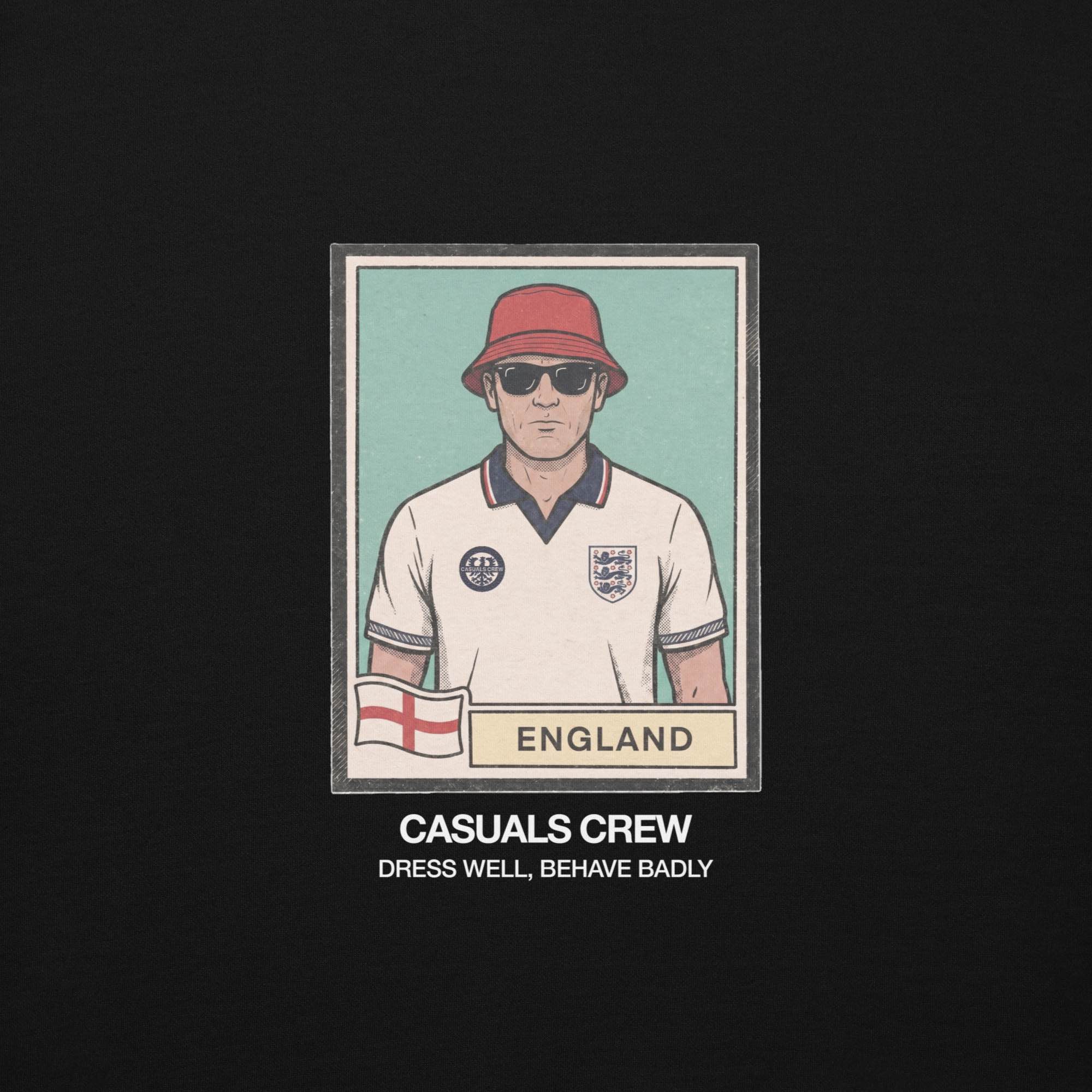 Illustration of a casual ultras person wearing an England jersey with a red hat and sunglasses, framed as a vintage card on a black background.