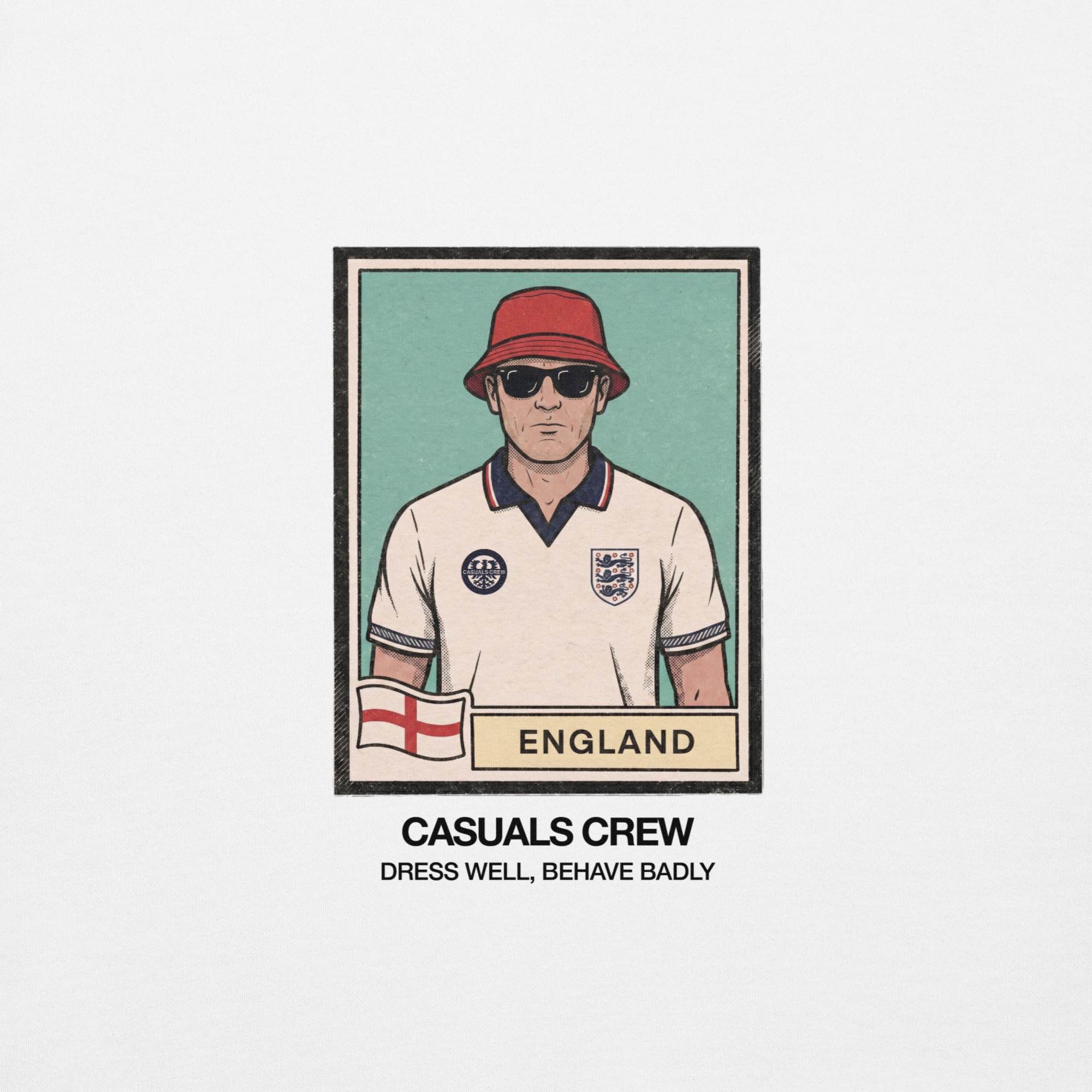 t-shirt design of a casual ultras person wearing an England World Cup jersey with a red bucket hat and sunglasses, framed as a vintage poster.