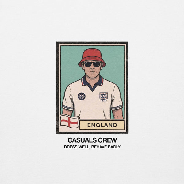 t-shirt design of a casual ultras person wearing an England World Cup jersey with a red bucket hat and sunglasses, framed as a vintage poster.