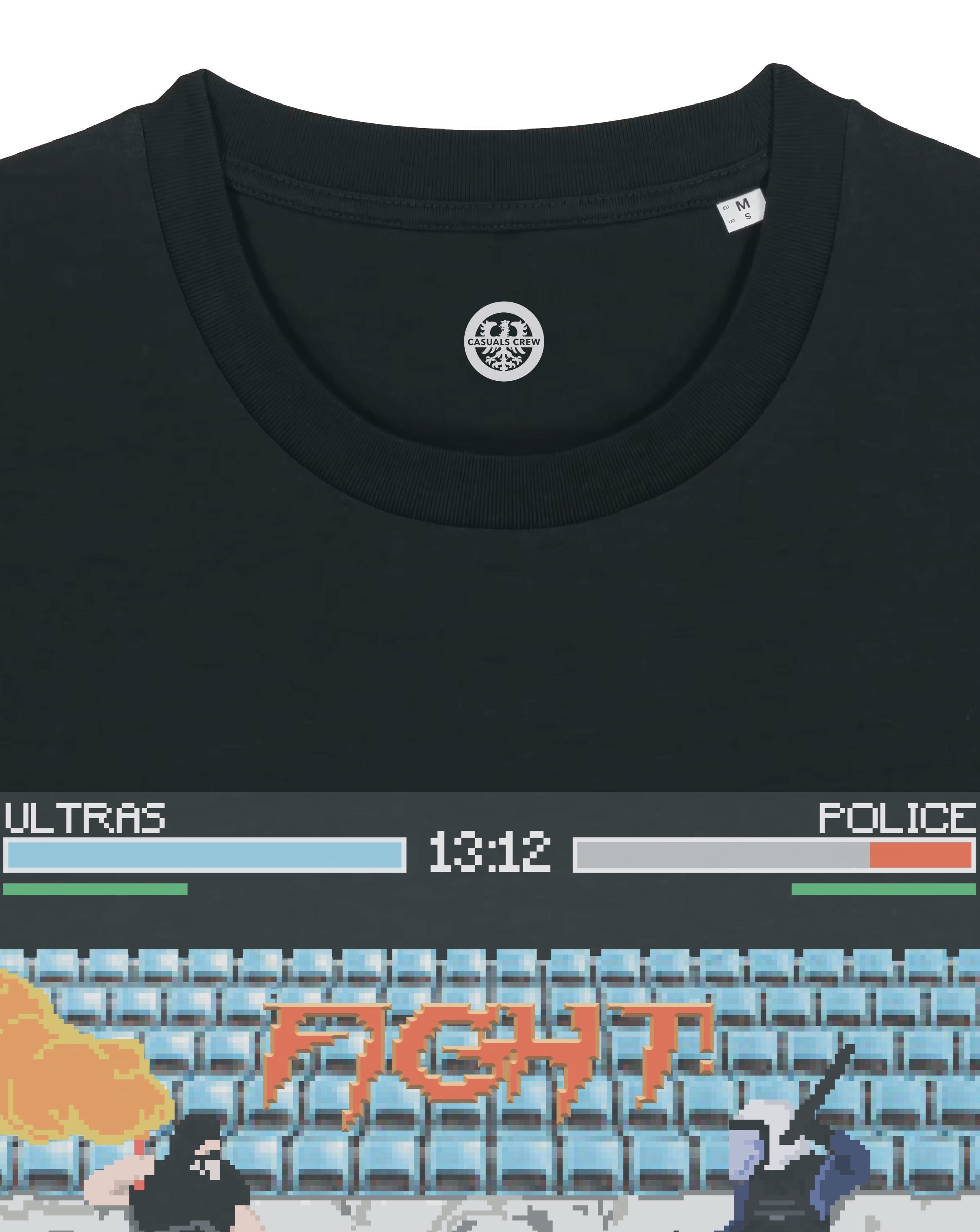 Black t-shirt with graphic design of two people in a fight scene and text 'Ultras' and 'Police'.