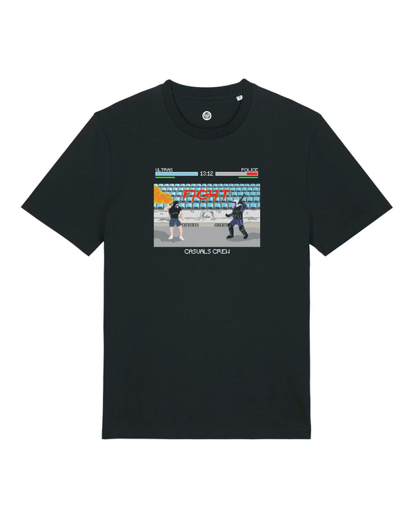 Black t-shirt with a graphic design on a ultras vs acab white background