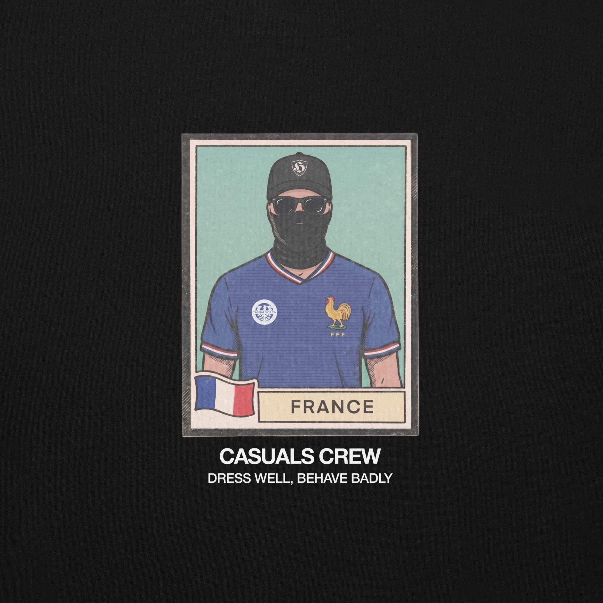 Illustration of a casual ultras  person wearing a blue shirt with a rooster emblem France team World Cup, black cap, and sunglasses on a dark background.