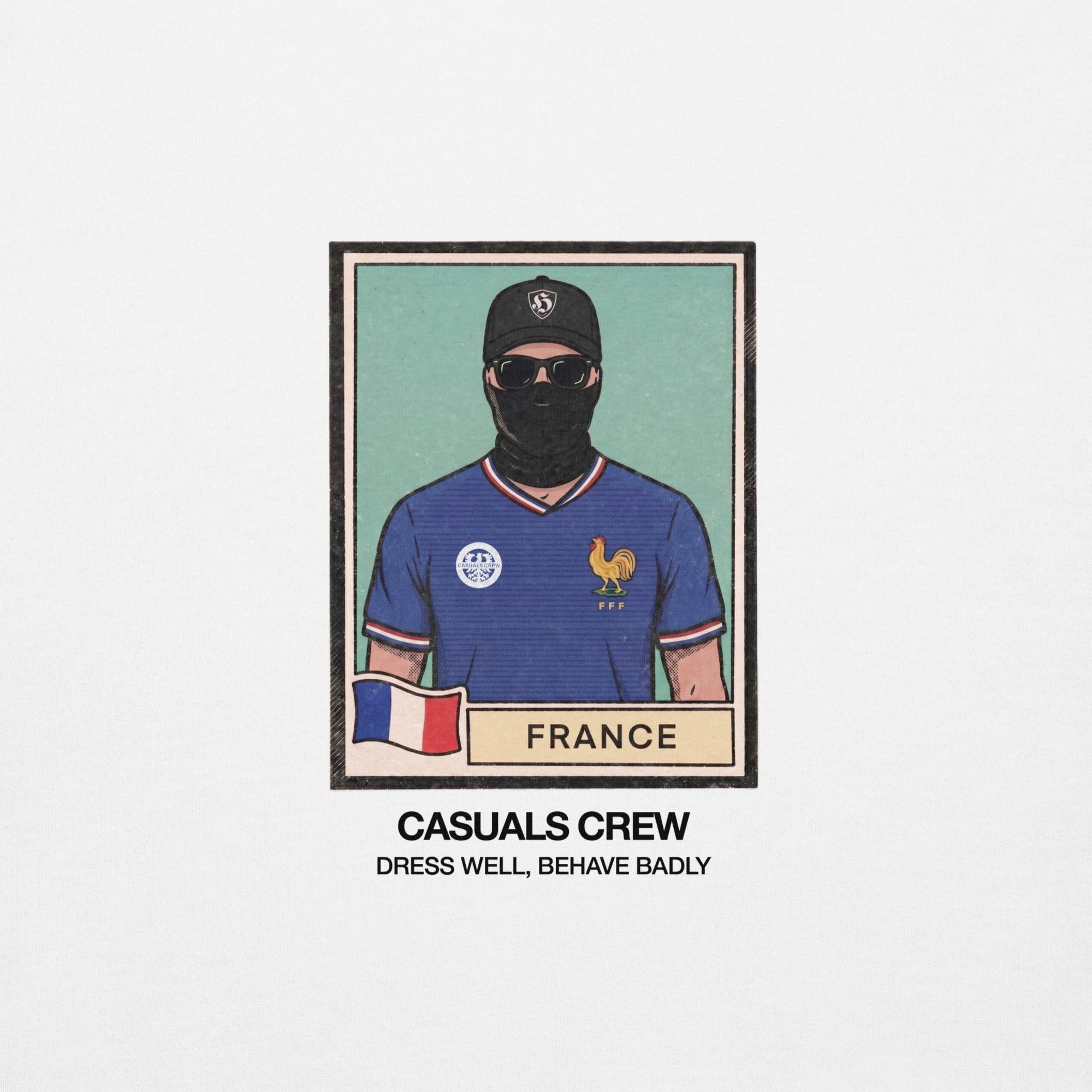 t-shirt design with a casual ultras person wearing a blue France world cup shirt and black cap, framed like a vintage collectible card.