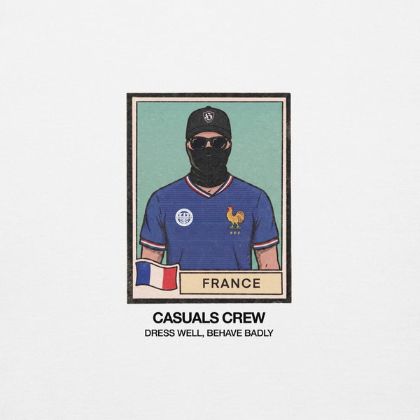 t-shirt design with a casual ultras person wearing a blue France world cup shirt and black cap, framed like a vintage collectible card.