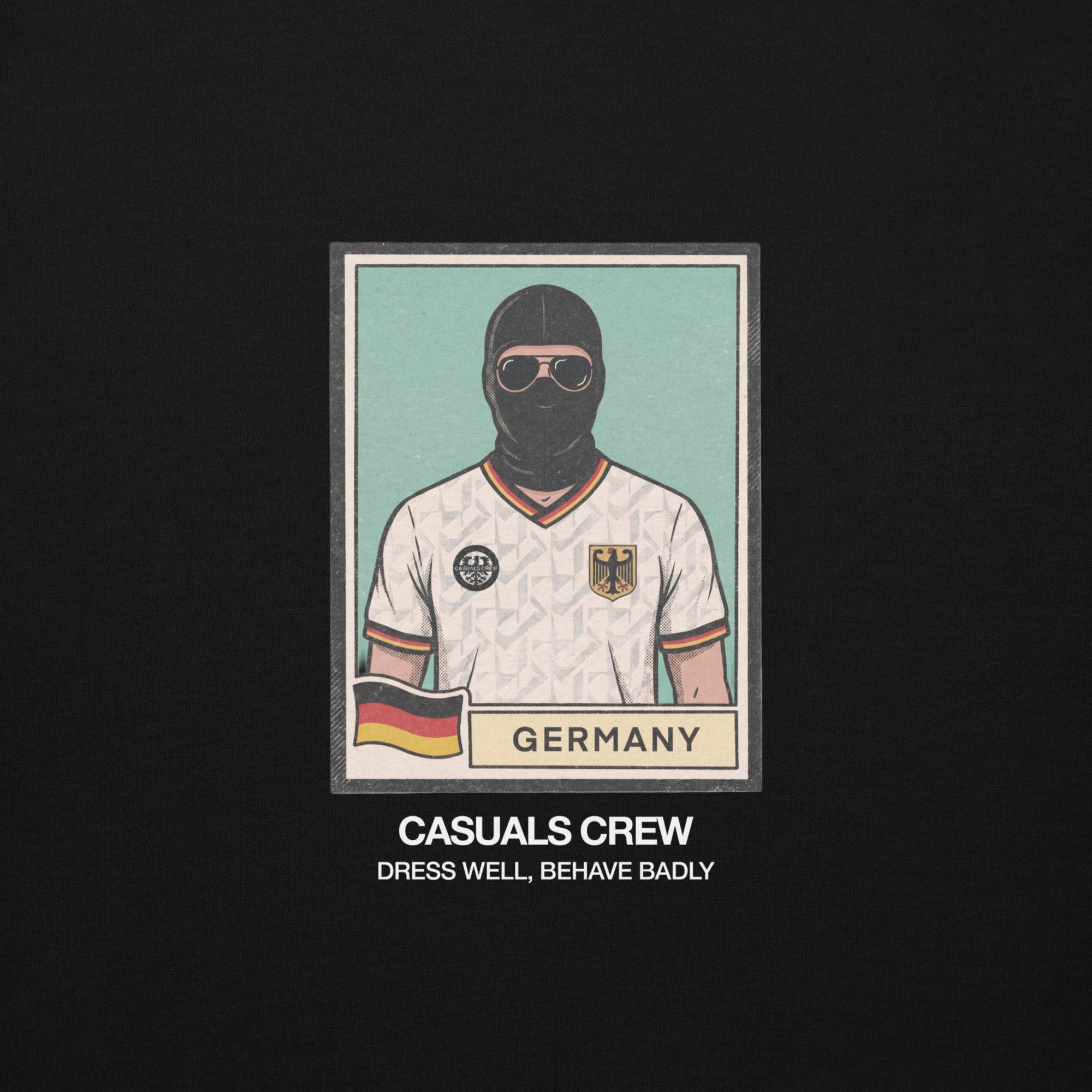 Illustration of a casual ultras  person wearing a Germany jersey with a balaclava on a black background, featuring the brand 'Casuals Crew'.