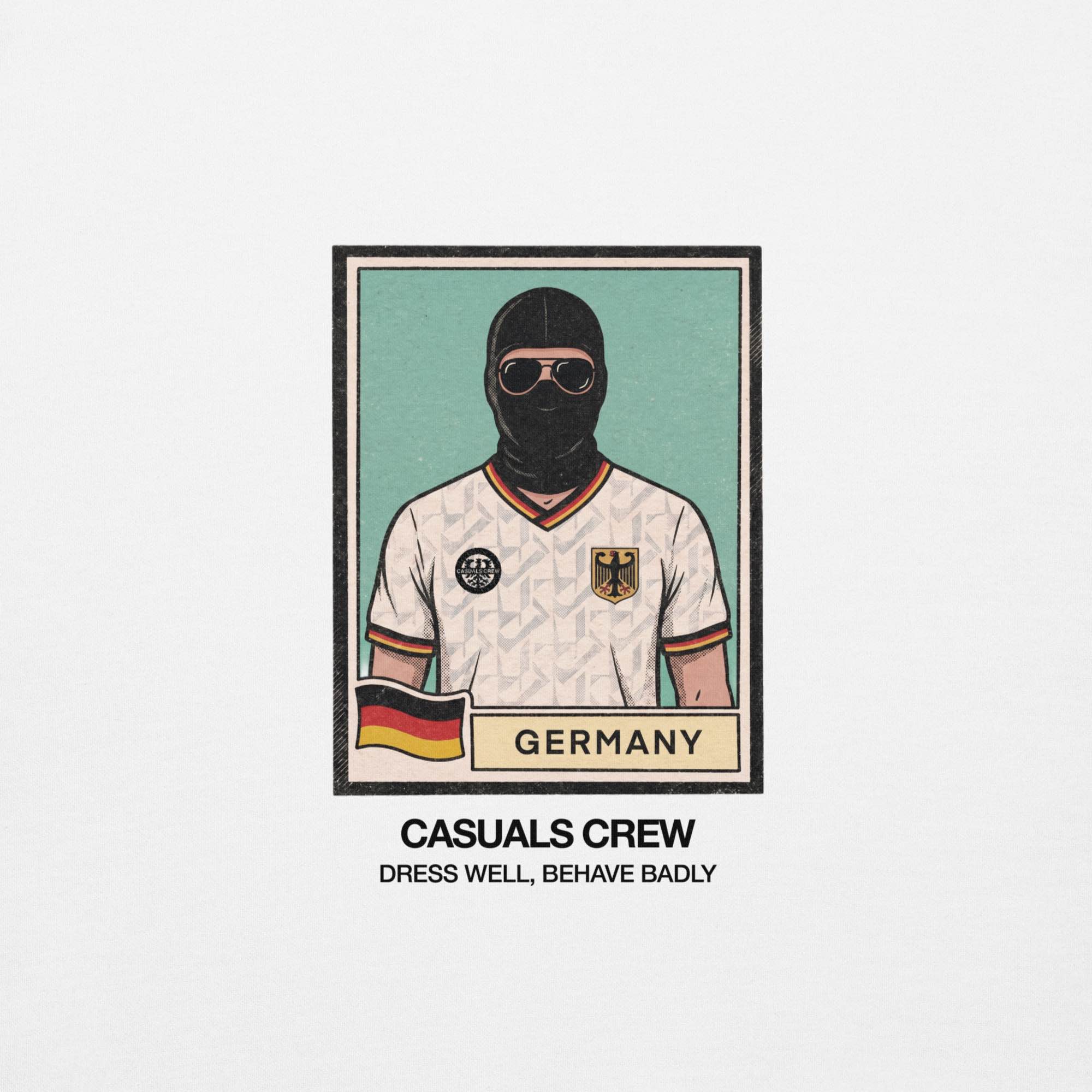 Illustration of a casual ultras person wearing a Germany World Cup  jersey with a balaclava, framed as a collectible card.