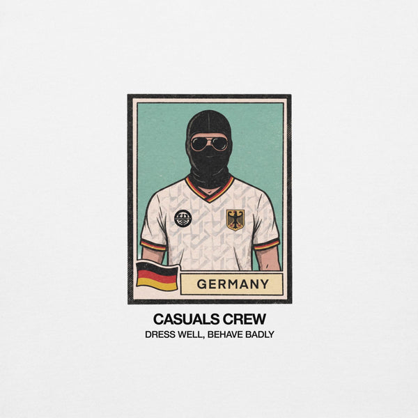 Illustration of a casual ultras person wearing a Germany World Cup  jersey with a balaclava, framed as a collectible card.