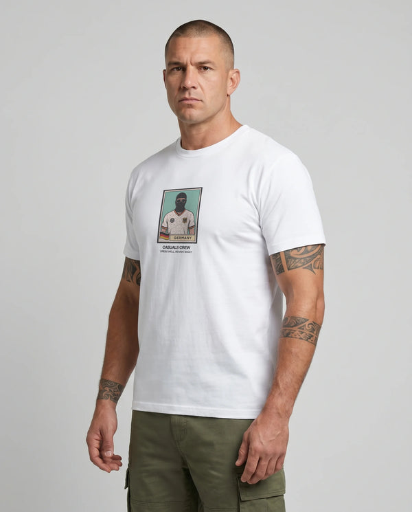 Man wearing a white t-shirt with a graphic design on a gray background