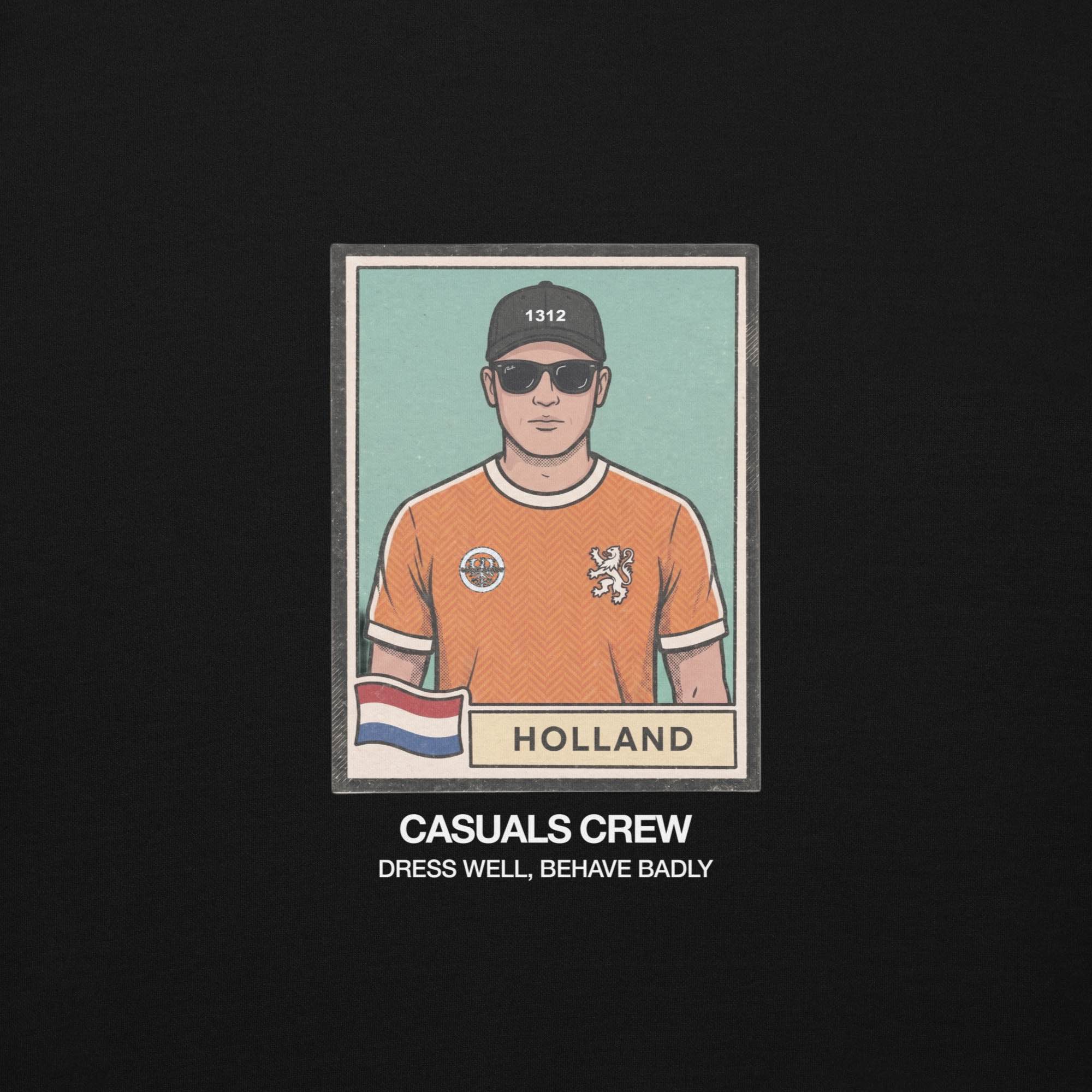 Illustration of a casual ultras person wearing an orange holland Netherlands World Cup shirt with 'Holland' text on a dark background