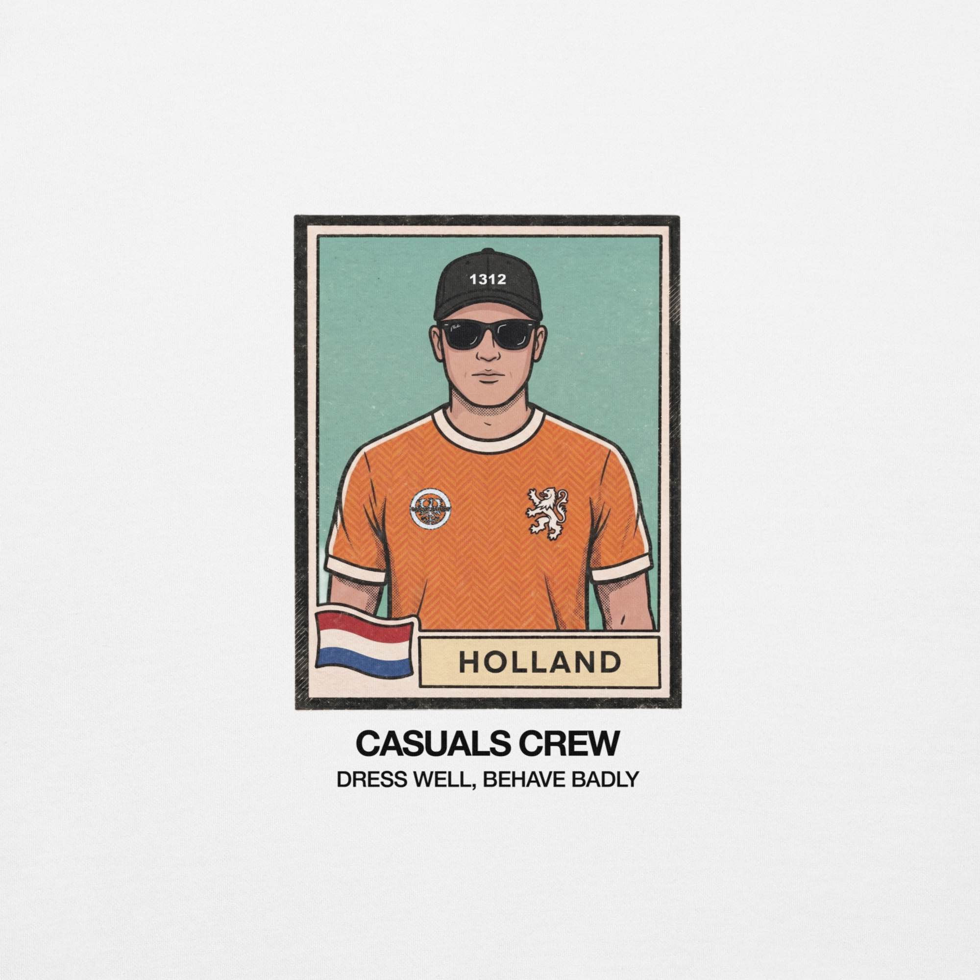 t-shirt design of a casual ultras person wearing an orange holland Netherlands World Cup shirt with 'Holland' text, framed as a vintage card style.