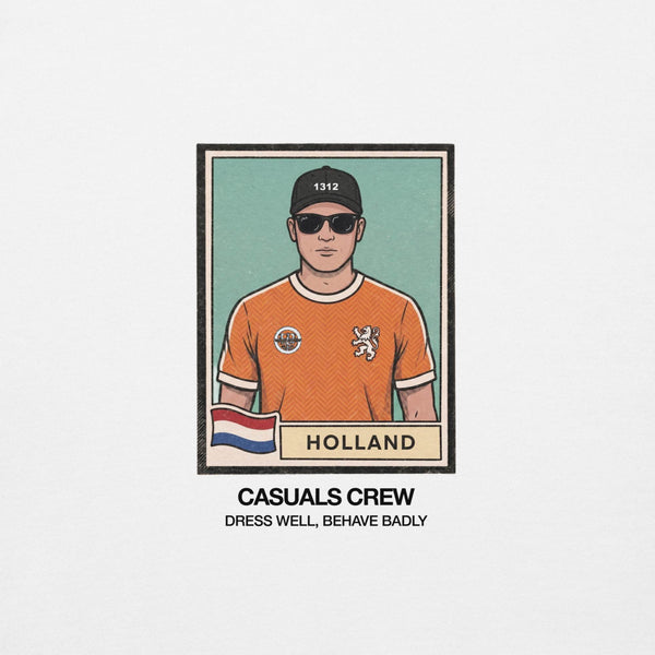 t-shirt design of a casual ultras person wearing an orange holland Netherlands World Cup shirt with 'Holland' text, framed as a vintage card style.