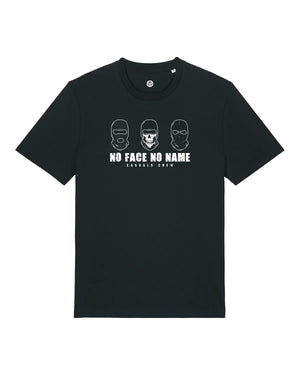 Black t-shirt with white ultras no face no name graphic design and text on a white background