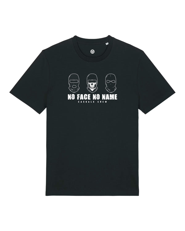 Black t-shirt with white ultras no face no name graphic design and text on a white background