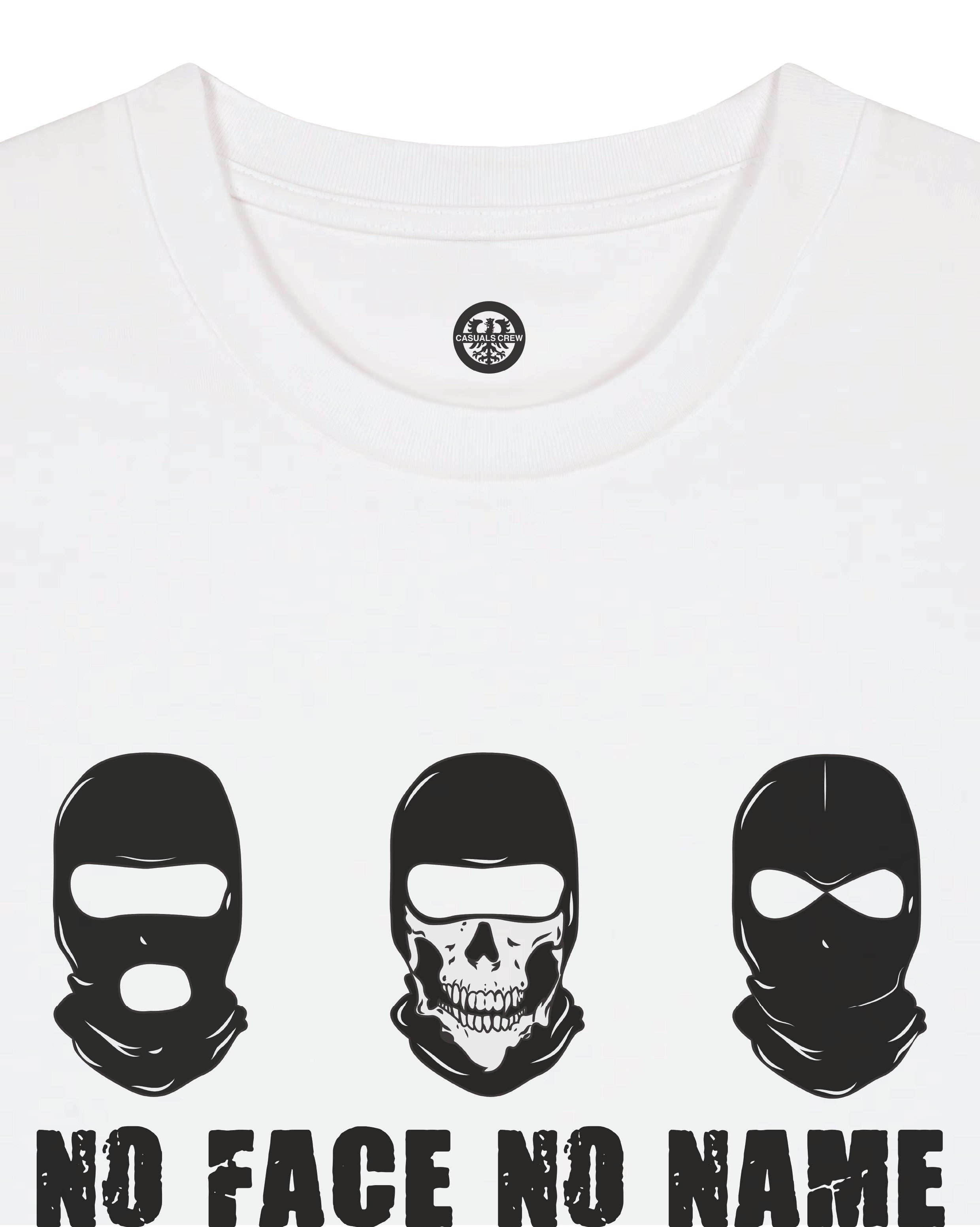 White t-shirt with black skull and balaclava design and 'No Face No Name Casuals Crew' text.