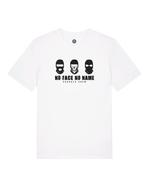 White t-shirt with black ultras no face no name graphic design and text on a white background