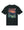 Black t-shirt with colorful PYRO graphic on the back against a white background