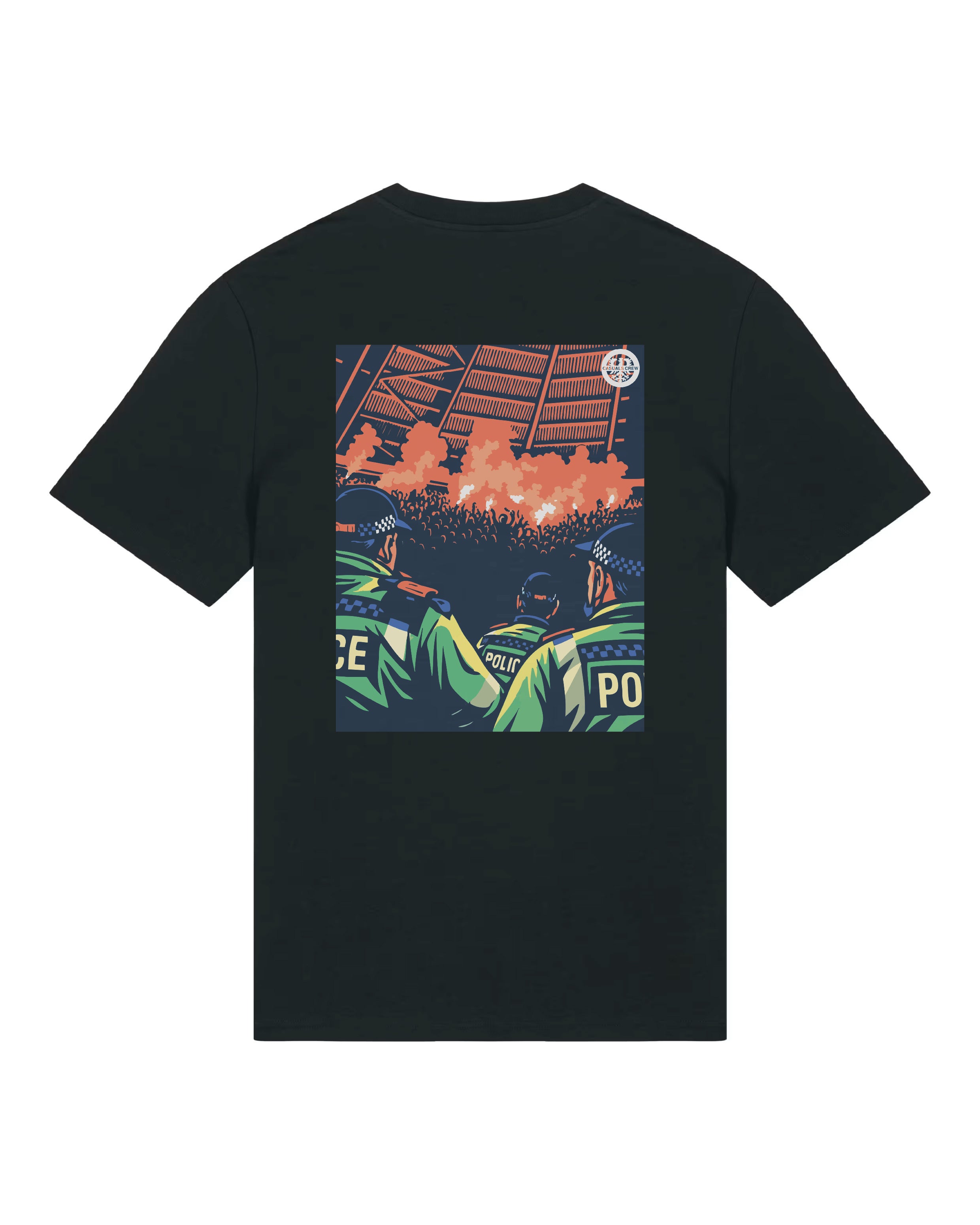 Black t-shirt with colorful PYRO graphic on the back against a white background