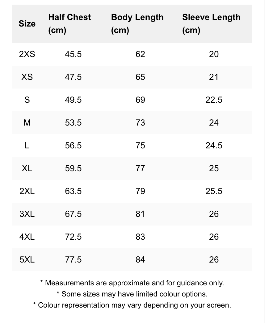 Size guide chart for clothing with measurements in centimeters
