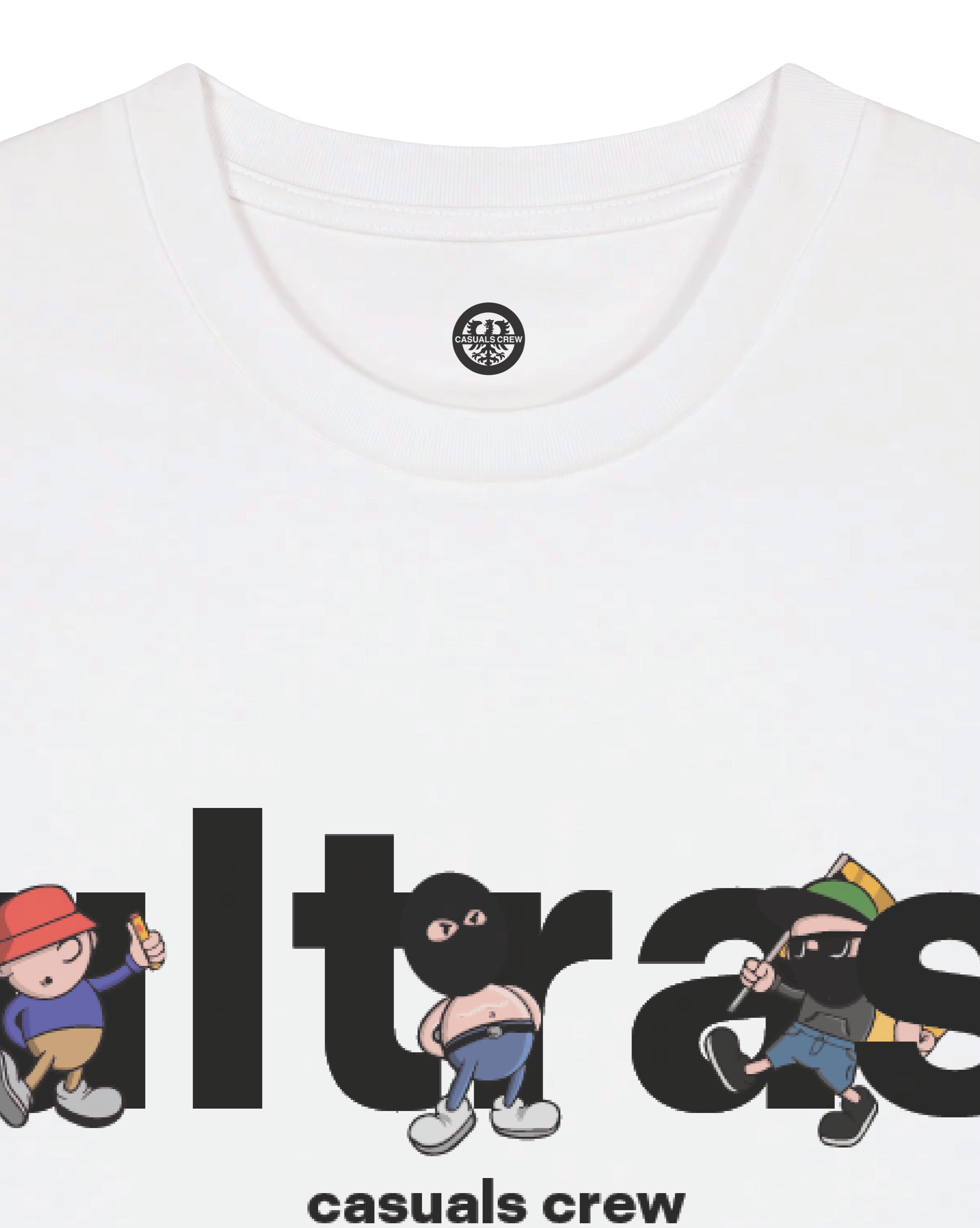White t-shirt with 'ultras casuals crew' graphic design on a white background