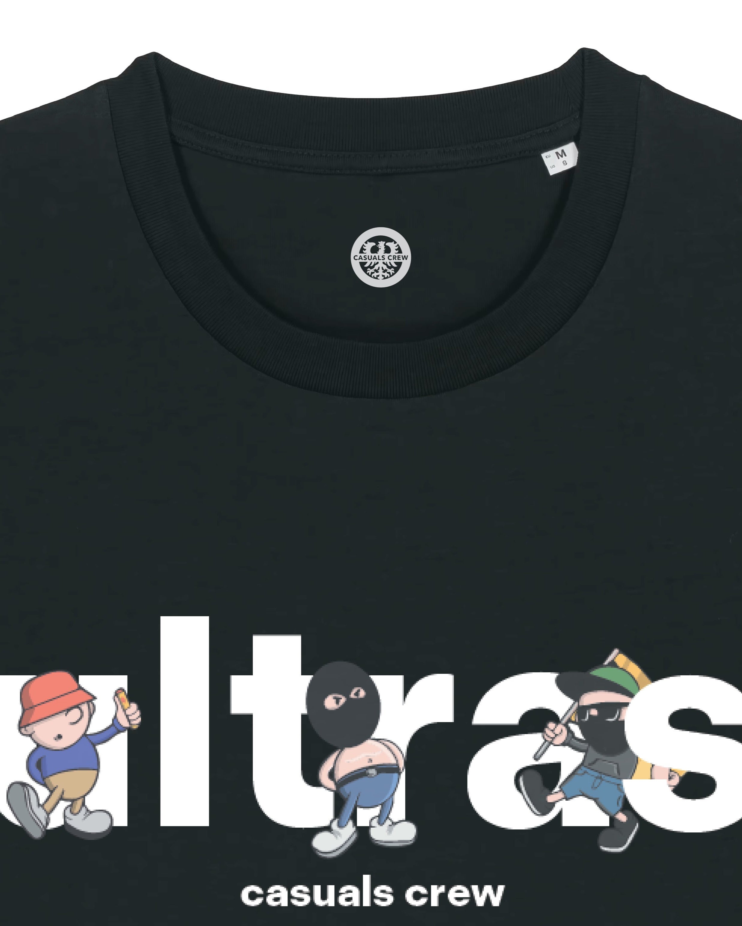 Black t-shirt with 'ultras casuals crew' design featuring cartoon characters on a white background