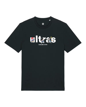 Black t-shirt with 'ultras' logo and graphics on a white background