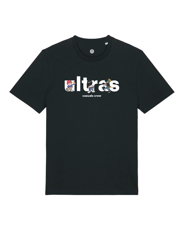 Black t-shirt with 'ultras' logo and graphics on a white background