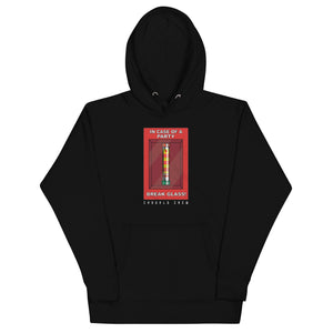 A black hoodie with a front pouch pocket and a 3-panel hood. It features a red graphic on the front with the text 'BREAK CLEAN' and the band name 'CREW CUT'.